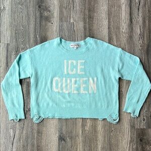 Wildfox Sweater Blue Distressed Ice Queen Long Sleeve Sweater Size Medium